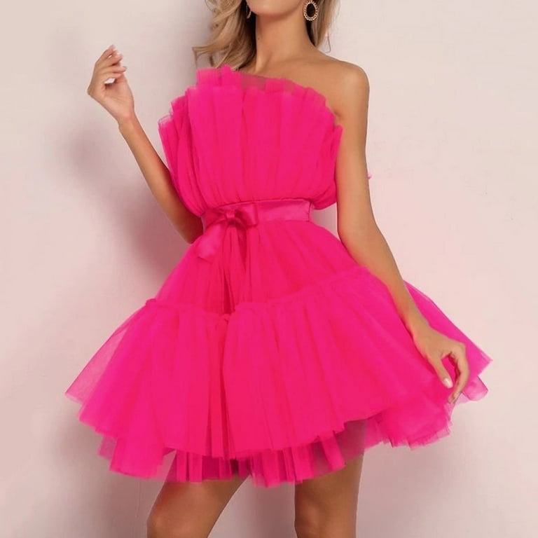 Hot Pink Strapless Tiered Tulle Mini Dress | Womens | Medium (Available in L) | 100% Polyester | Lulus