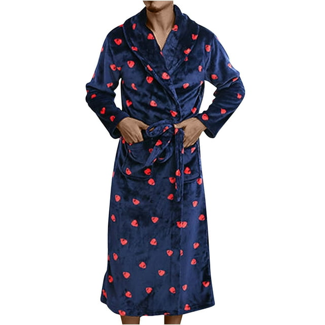 Penkiiy Men's Plush Fleece Robe Ultra Soft Fluffy Full Length Bathrobe Shawl Collar Winter Warm Robes for Men L Blue