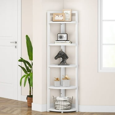 QuellQuest Tall Corner Shelf, 5 Tier Modern Corner Bookshelf Stand, Wood and Metal Corner Plant Bookcase for Living Room, Corner Space,White Oak