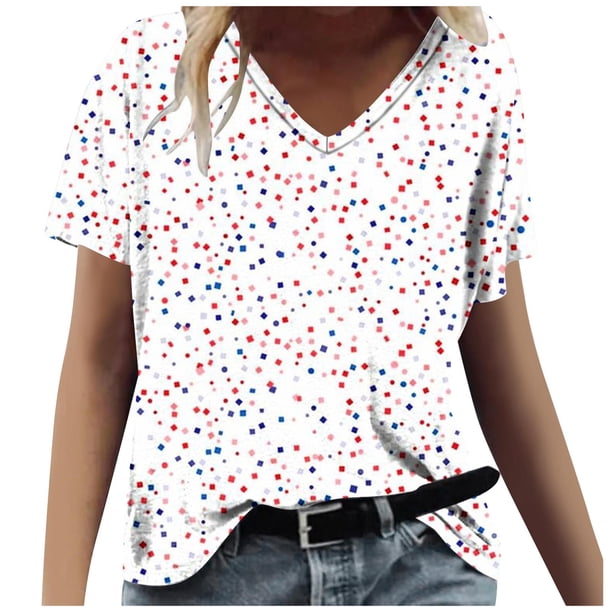 Tops Cortos para las Mujeres Día de la Independencia Patriótica Impreso Cuello en V, Camiseta Casual de Manga Corta para Diario, Hogar Y Cómodo