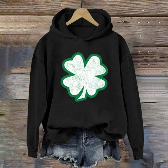 Womens Tops St. Patrick's Day Hooded Long Sleeved Round Neck Casual Printed Loose Sweatshirts Black L
