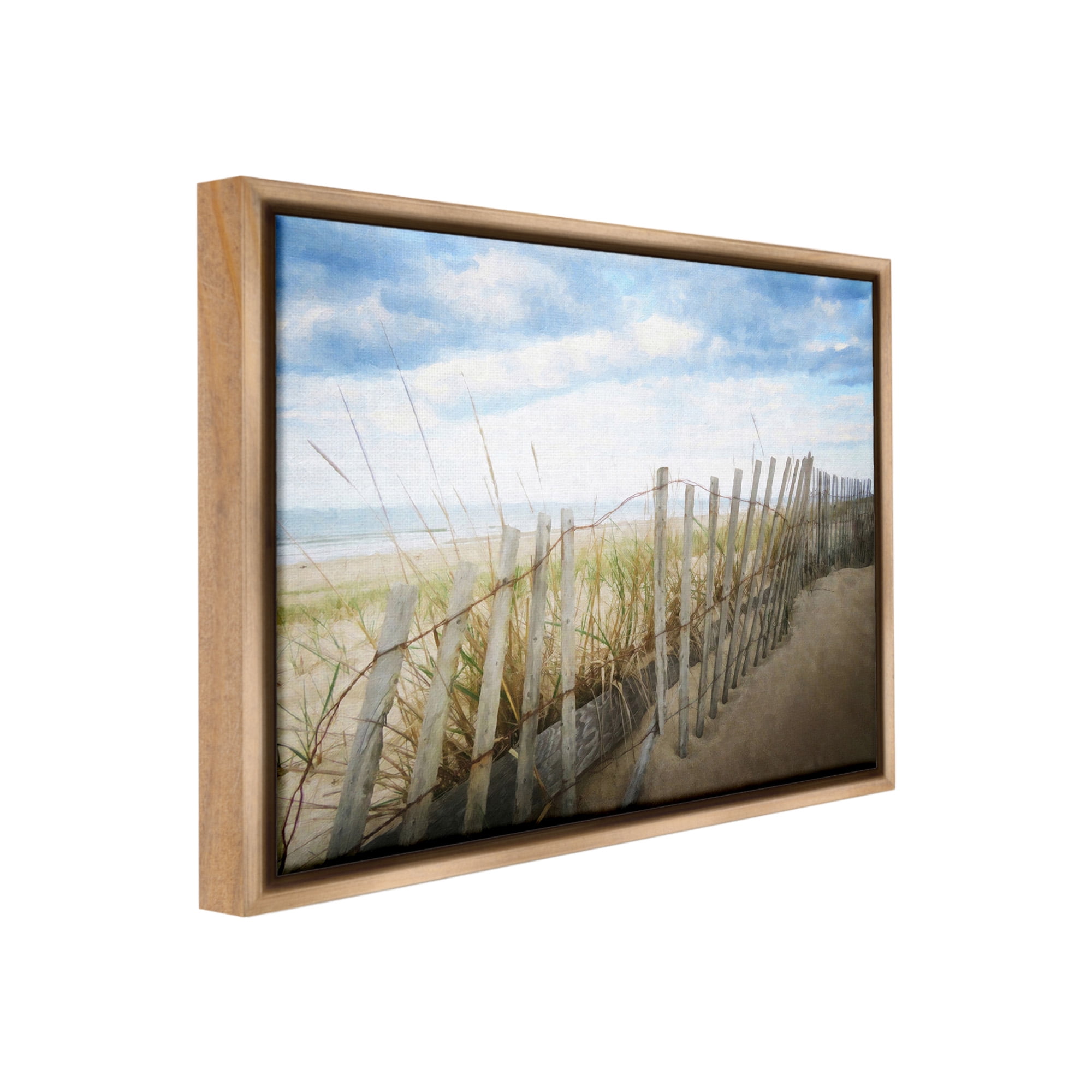 Stupell Industries Summer Beach Fence Landscape Painting Brown Floater Framed Canvas Art Print Wall Art, 31 x 25