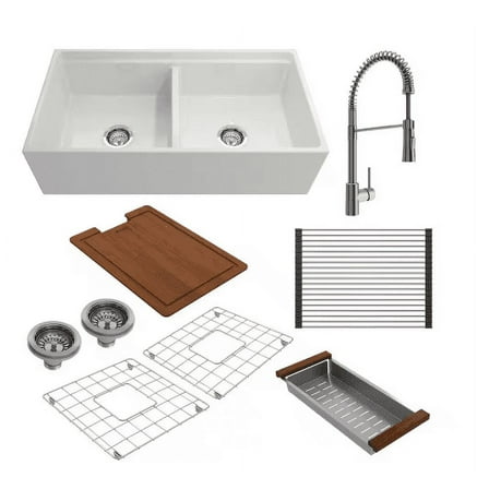 BOCCHI 1348-001-2020SS Step-Rim Apron Front Fireclay 36" 2 Bowl Kitchen Sink Kit