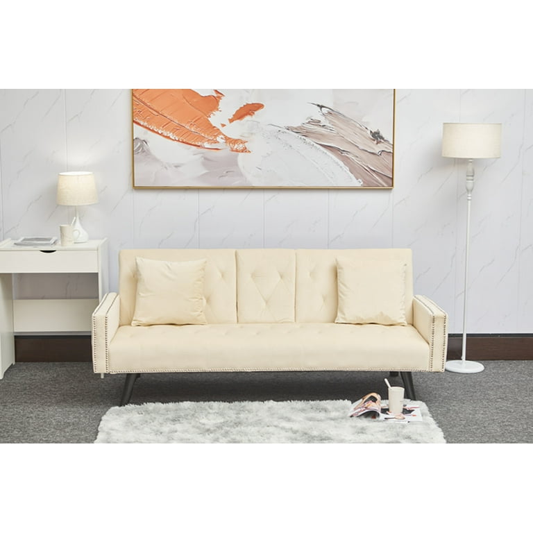 Convertible Futon Sofa Bed with 2 Pillows 72 Inch Velvet Tufted