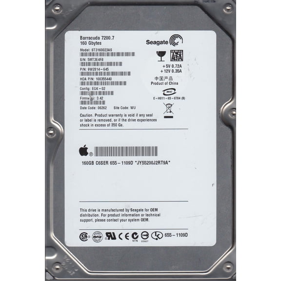 ST3160023AS, 5MT, WU, PN 9W2814-645, FW 3.42, Seagate 160GB SATA 3.5 Hard Drive