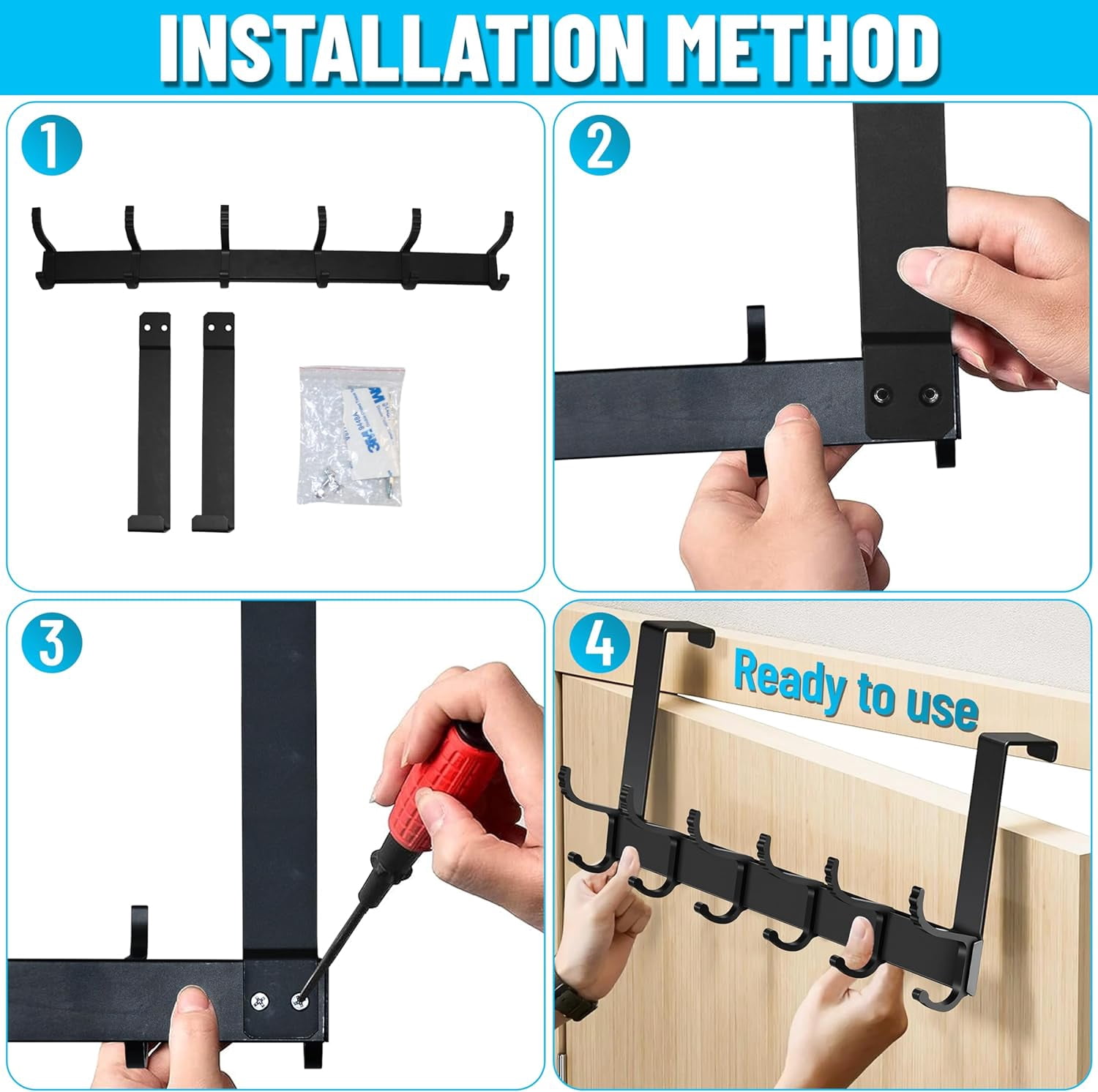 Over The Door Hooks for Hanging,Heavy Duty Hanger Holder for Hanging with 5 Dual Hooks,Over The Door Hanger Hook, Black Over the Door Towel Rack Fits 1-3/4" Thick Door