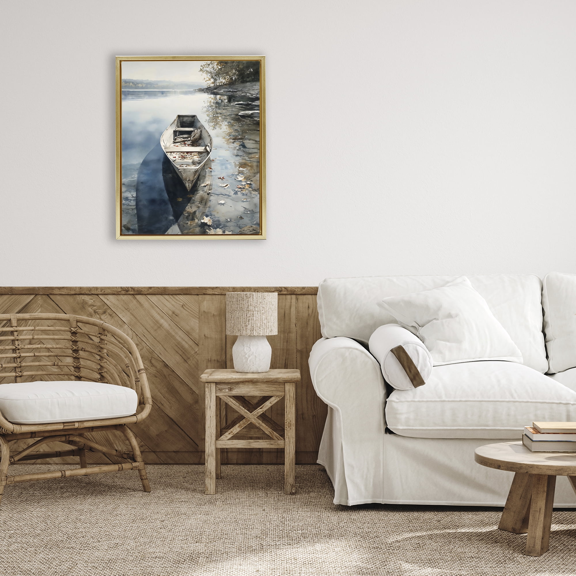 Stupell Industries Boat In The Fall Reflection Gold Framed Floater Canvas Wall Art, design by Franklyn Gregory