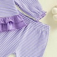 thumbnail image 4 of Staki Fall Baby Girl Clothes Long Sleeve Ruffle Tops Bell Bottoms Pants Set Toddler Waffle Knit Striped Flared Outfit(Purple,2-3 Years), 4 of 5