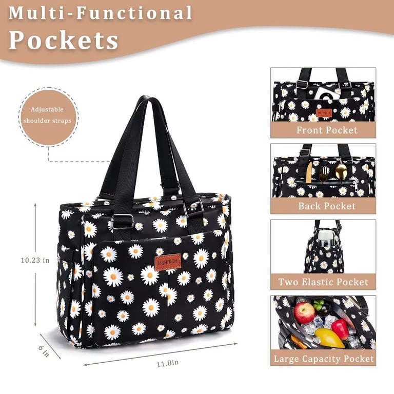 Holuxer Large Insulated Lunch Bag, White Daisy Design photo 2