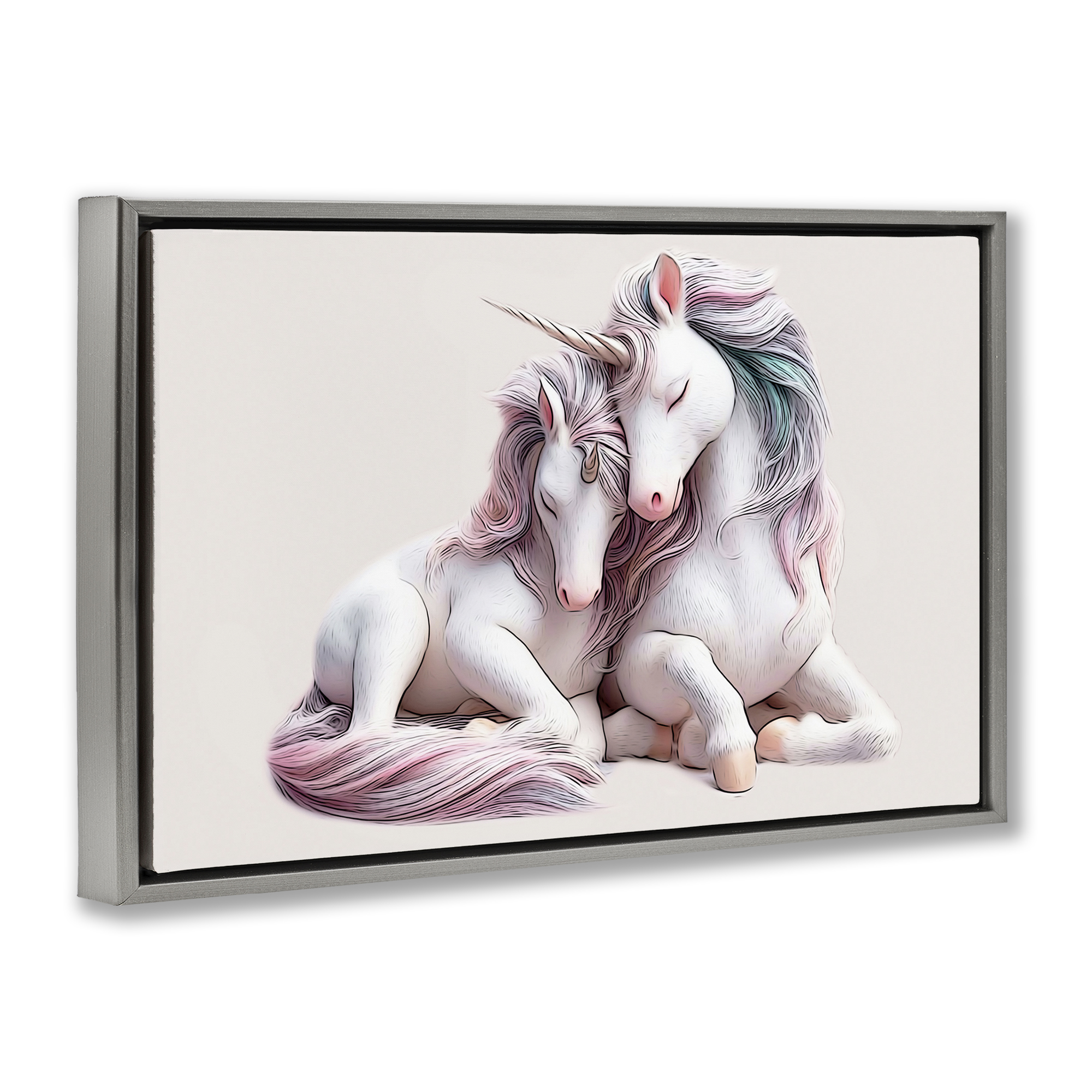 Stupell Industries Hugging Unicorn Pair Animals & Insects Painting Gray Floater Framed Art Print Wall Art, 25 x 17