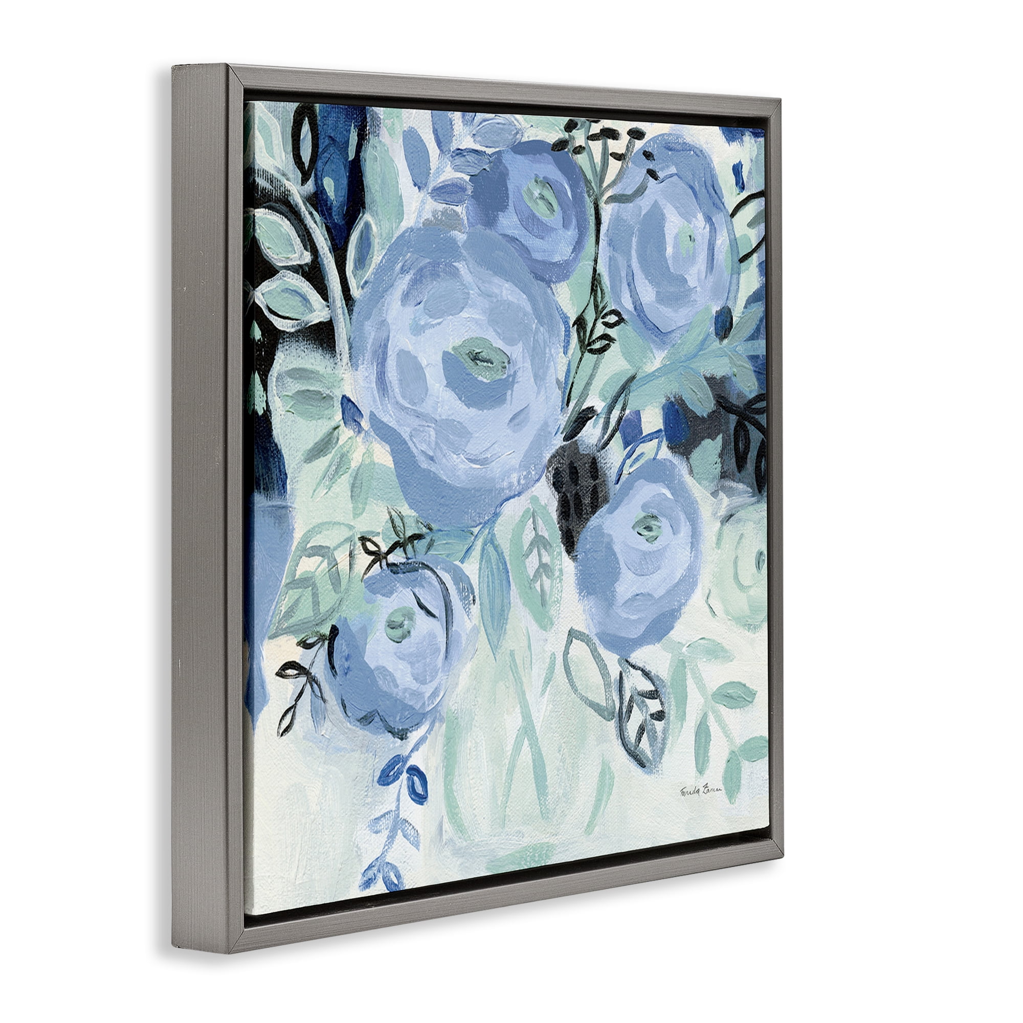 Stupell Industries Blue Coastal Blooms Botanical & Floral Painting Gray Floater Framed Art Print Wall Art, 25 x 25