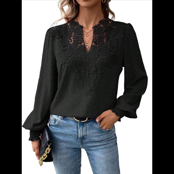Blusas de con Lunares, Estilo Bohemio, de Larga y Cuello en V para Mujer, con Encaje de Ganchillo, Estilo Informal y Moderno Negro M