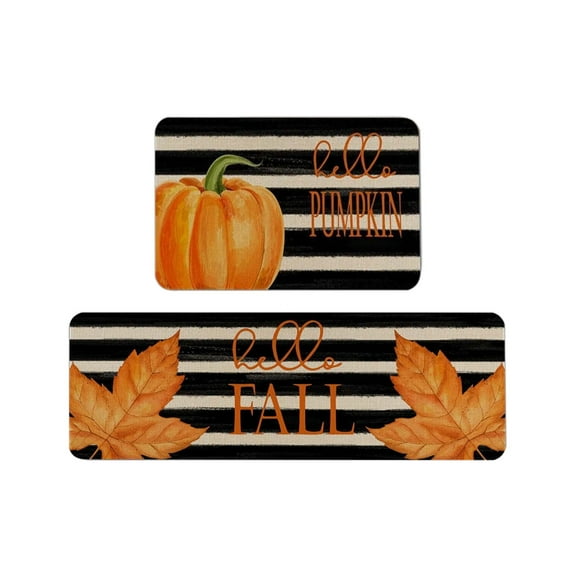 Nmdmisc Plaid Pumpkin Maple Leaf Fall Decorative Kitchen Rugs Set of 2,Non Skid Washable, Home Fall Holiday Party Autumn Harvest Thanksgiving Kitchen Mat 23.6*15.7 47.2*15.7in