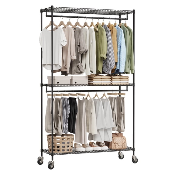 Heavy Duty Freestanding Clothes Rack - 3-Tier Adjustable Shelves Wardrobe Storage - Double Hanging Rods, Side Hooks, Rolling Wheels - Portable Garment Organizer, Black