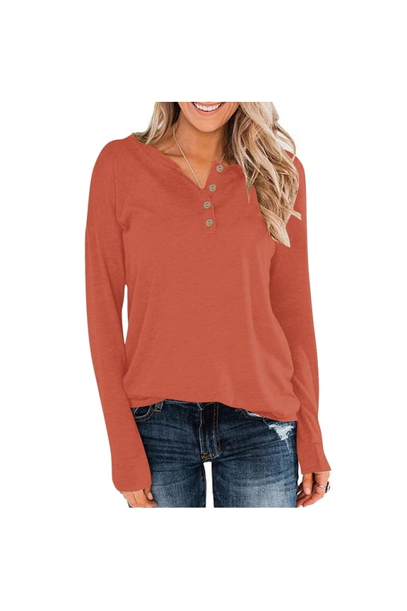 Womens Plus Size Blouses Button Up Fall T Shirts 2024 Loose Fit Long Sleeve Blouse Solid Color Classic Fit Pullover Tops Orange M
