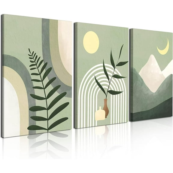 Boho Wall Art Set of 3, Sage Green Minimalist Framed Canvas Wall Art Geometric Leaf Sun Moon Beige Green Canvas Artwork 12"X16" for Bathroom Living Room Boho Wall Decor