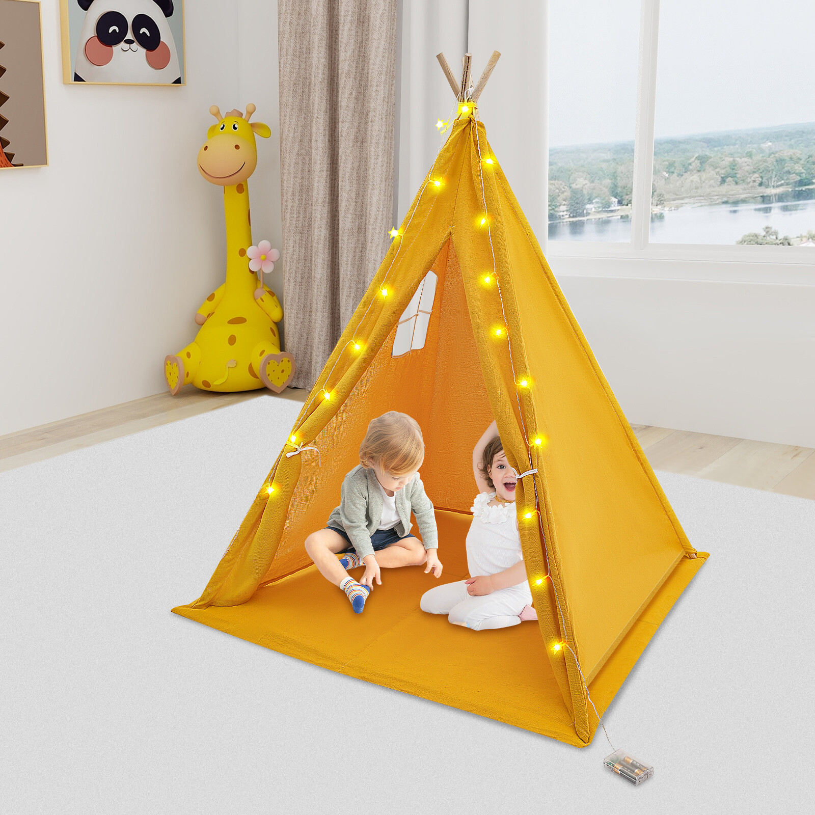 Kids Tent with String of Lights&Window&Floor Mat , Yellow, Camping Tent for 1-3 Kids(Aged 1-12)