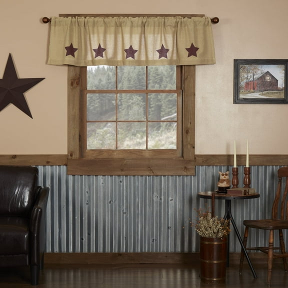 Burlap Natural with Burgundy Stars Primitive 16"x72" Valance Tan Rod Pocket Stenciled Cotton Kitchen Window Curtains