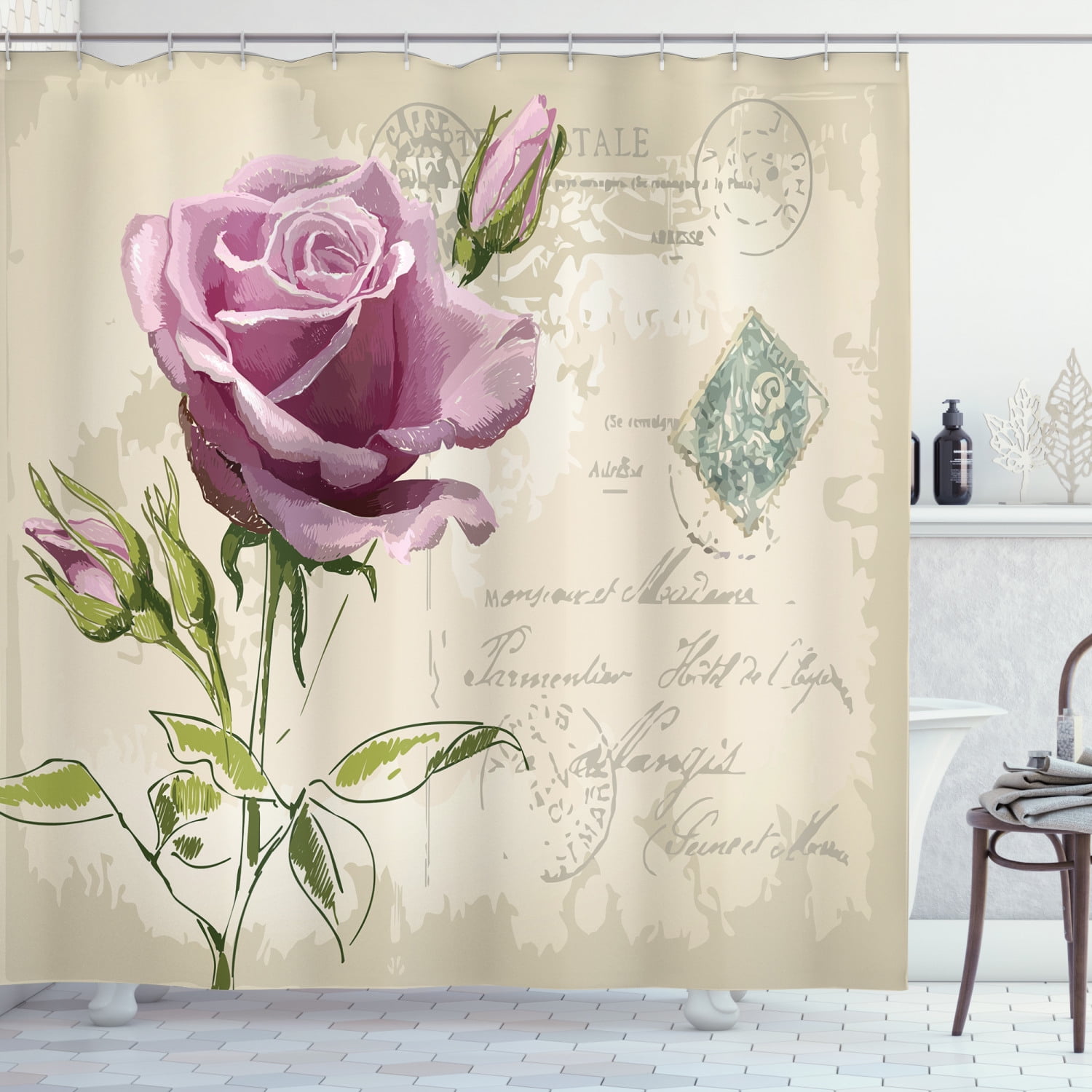 Vintage Rose Postcard Shower Curtain Set Waterproof Fabric Decor Curtains& Hooks 