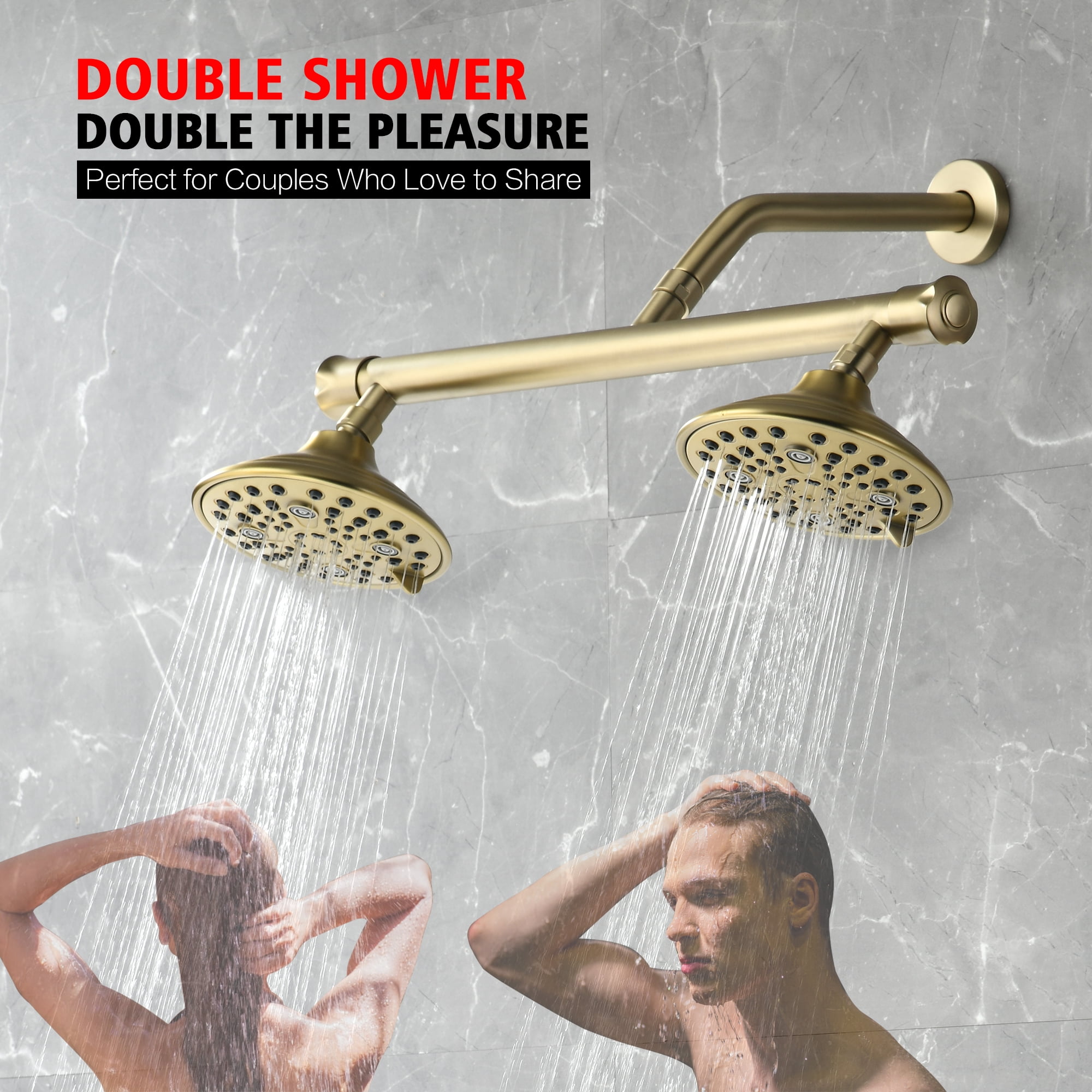sumerain Brushed Gold Dual Showerheads for Couples with 6 Modes & Shut-off Valve, 2-in-1 Double Showerhead System for Two People