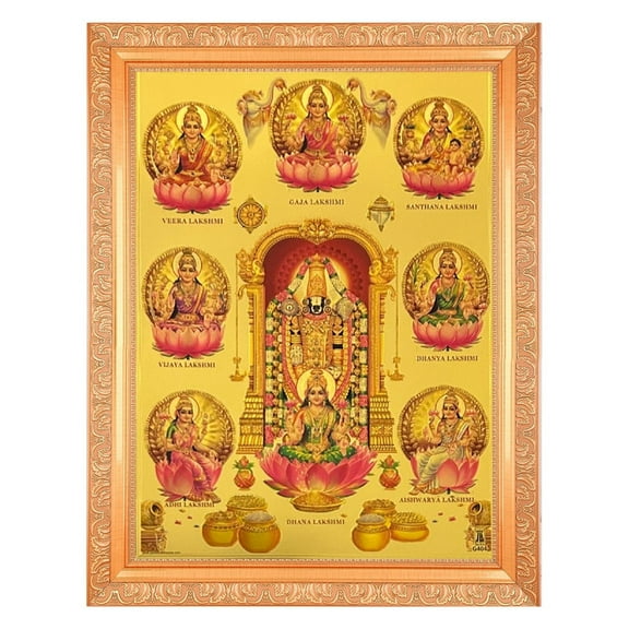 Venkateswara-Balaji With Ashta Lakshmi Gold Foil Art Print Elegant Photo In Golden Artwork Frame 11 x 14 Inch) OR (27.94 X 35.56 Cm) Religious Gifting