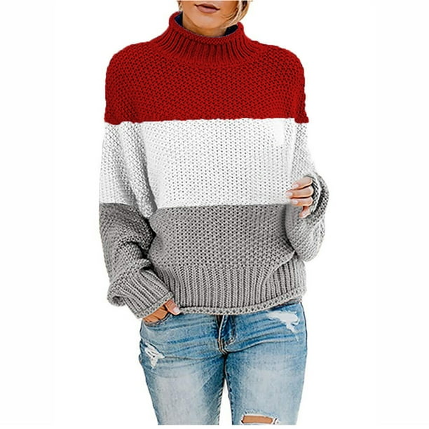 PMUYBHF Female Cotton Sweaters for Women Womens off the Shoulder Sweater  Casual Knitted Loose Long Sleeve Pullover L