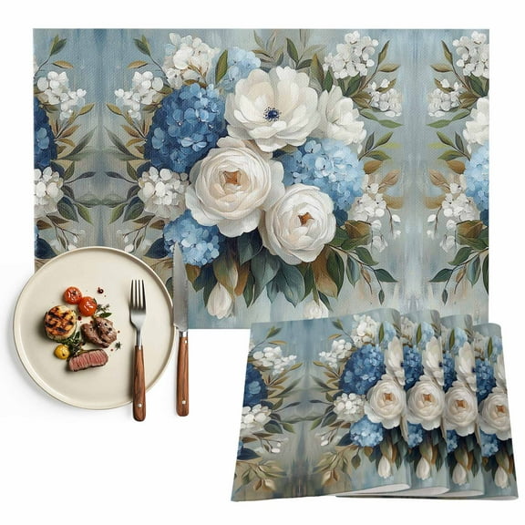 Modern Placemats Set of 4, Oil Painting Hydrangeas Peony Table Mats Washable Heat-Resistant Non-Slip Place Mats for Kitchen Dinner Table Indoor Outdoor Decor,13x19 Inch Blue White