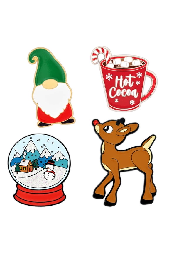 's Christmas Holiday Gnome Hot Cocoa Snow Globe Rudolph Enamel 4 Pin Set