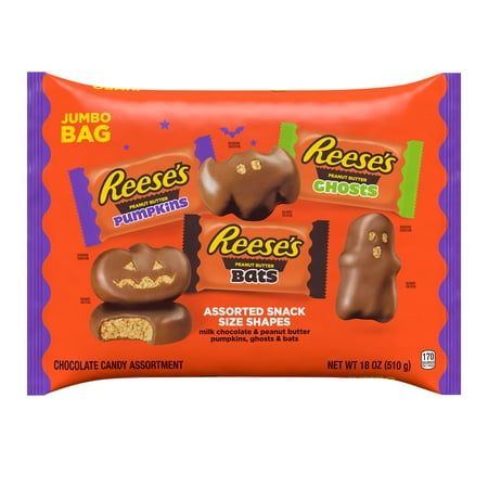 REESE'S, Milk Chocolate Peanut Butter Snack Size Pumpkins, Ghosts and Bats Candy, Halloween, 18 oz, Jumbo Bag