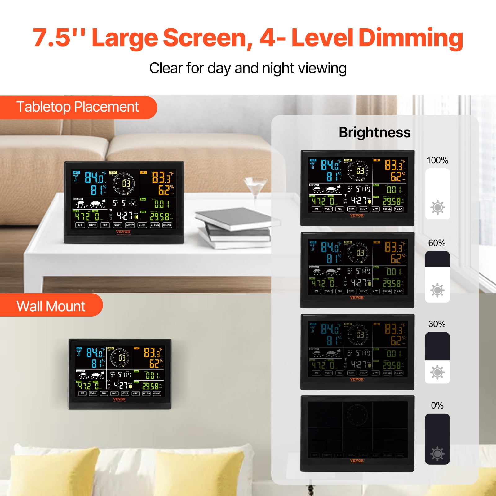 VEVOR 7-in-1 Wi-Fi Weather Station, 7.5 in Color Display, Home Weather Station Indoor Outdoor, with Solar Wireless Outdoor Sensor Alarm Alerts, for Temperature Humidity Wind Speed/Direction Rain