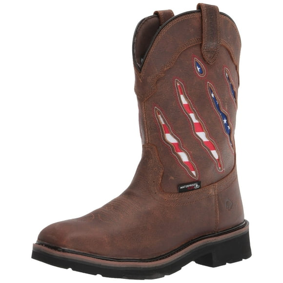WOLVERINE Men's Rancher Claw Steel Toe Wellington Construction Boot, Brown/Flag, 8.5