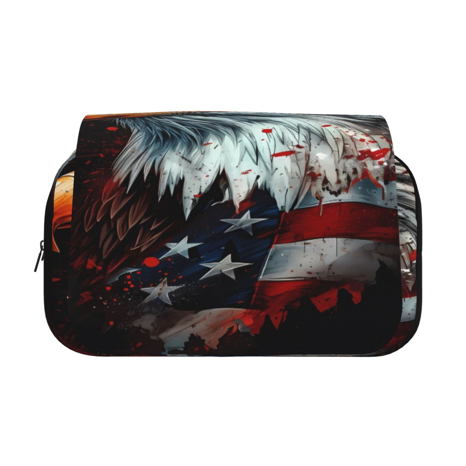 Rateoe USA Bald Eagle Pattern Double Clamshell Pen Case, Storage Organizer with Two Zipper Compartments– Holds Up to 50 Pencils & Pens