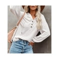 thumbnail image 2 of Women V Neck Long Sleeve Henley Shirts Button Down Sweatshirts&nbsp;Hoodies Tunic Tops With&nbsp;Drawstring Khaki Large Size, 2 of 5