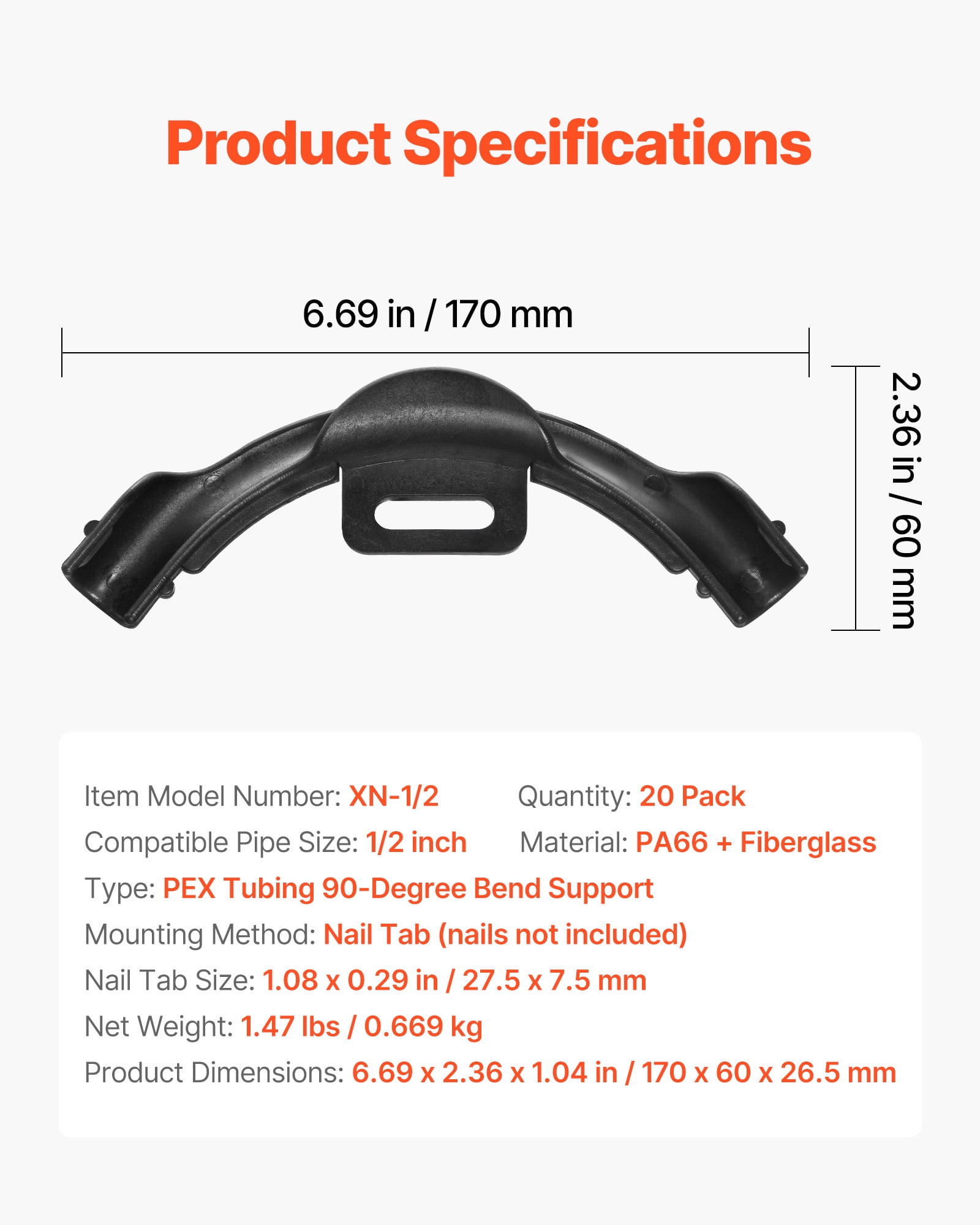 VEVOR PEX Tubing Bend Support, 20 Packs 90-Degree Elbow Bend Support Compatible with 1/2-inch PEX Pipes, Corrosion & Rust Resistant Pex Clamps Pipe Holder with Nail Tab