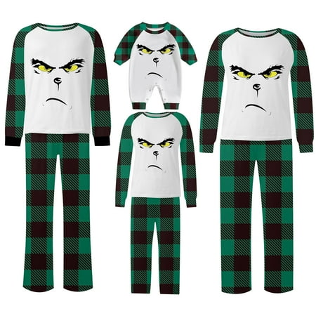 

Christmas Pajamas for Family Matching PJs Sets Xmas Grinch Print Top and Plaid Pants Jammies Set Long Sleeve Sleepwear Nightwear TKing Fashion