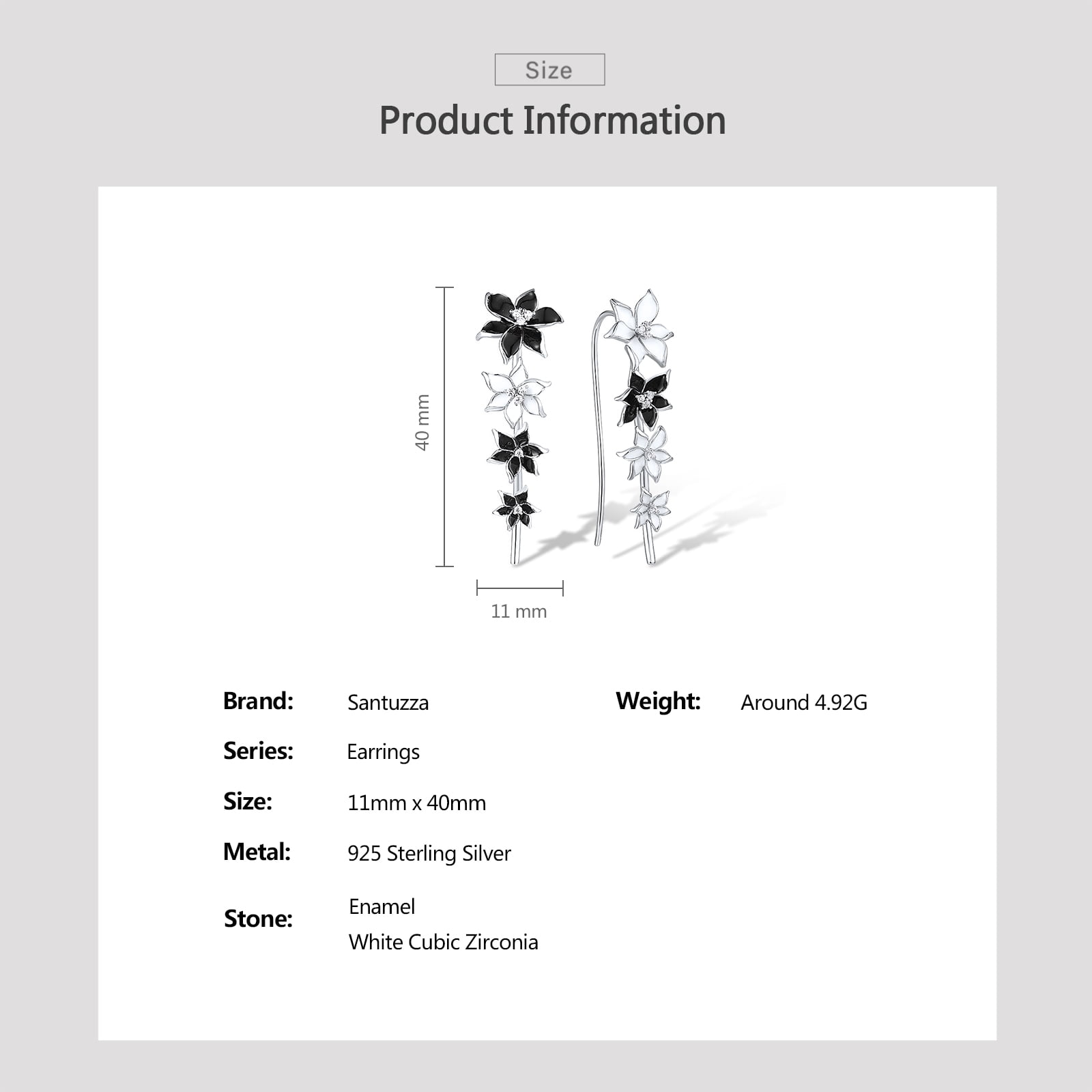 Santuzza Enamel Black & White Flower Ear Cuffs Climber Earrings Sterling Silver Orchid Ear Crawler Earrings for Women