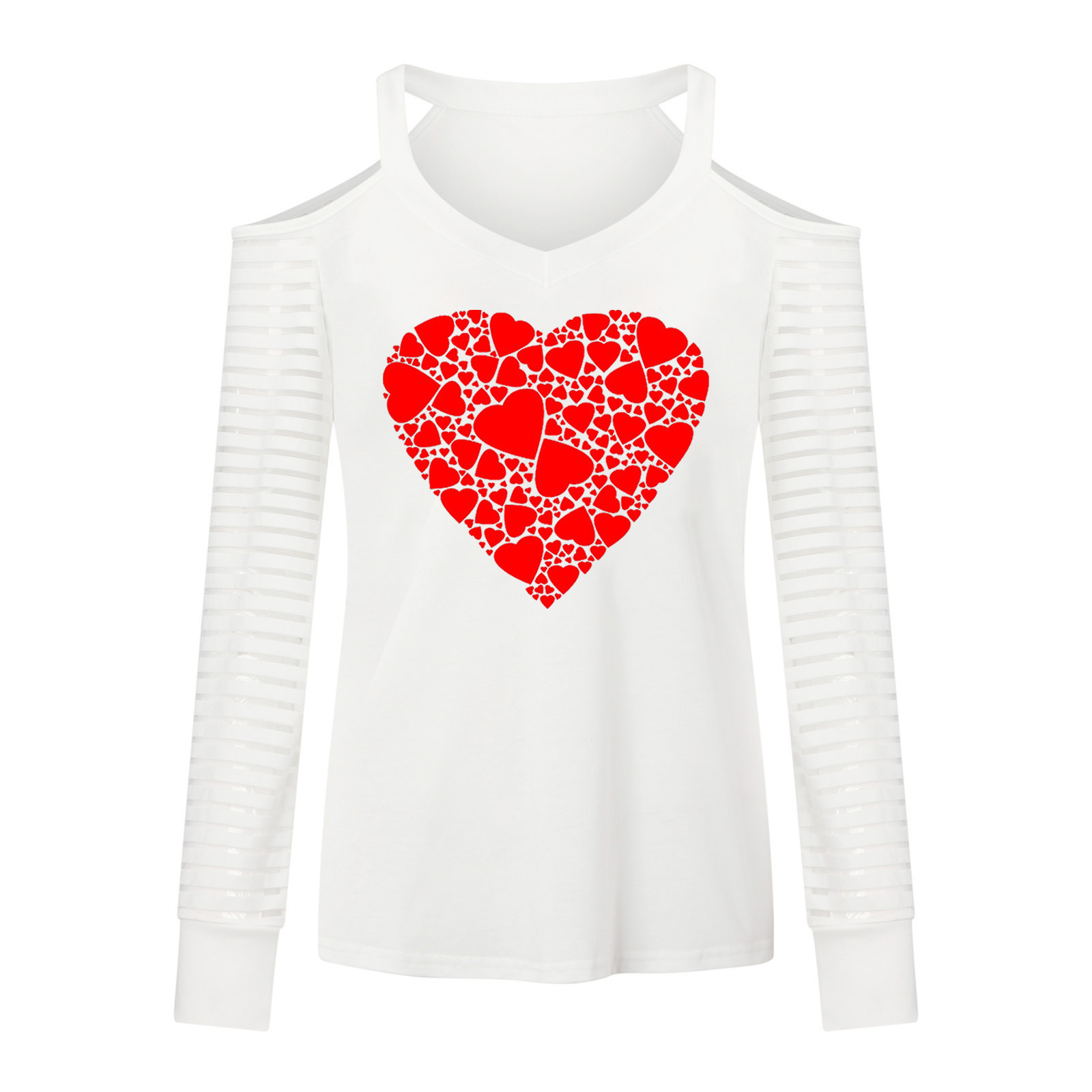 Women Sparkly Heart Shirts Fashion Sweetheart Collar Cold Shoulder Stripe Long Sleeves T-Shirt Pullover Tunic Tops - image 4 of 5