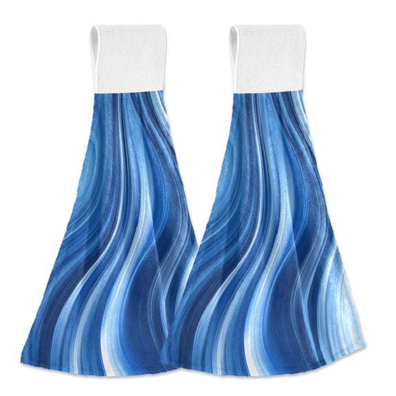 Dailycode Kitchen Wash Cloths with Hanging Loops Absorbent Absorbent Quick Drying Hand Towels, 2 Pack, Abstract Blue Ripples