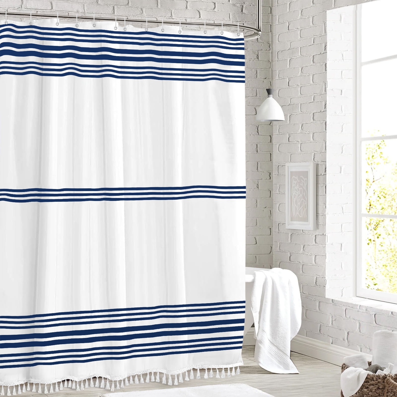 Seasonwood Blue Shower Curtain with Tassel for Bathroom Decor,Blue Striped Shower Curtain,Chic Polyester Bath Curtain Set with Hooks, 72 x 72