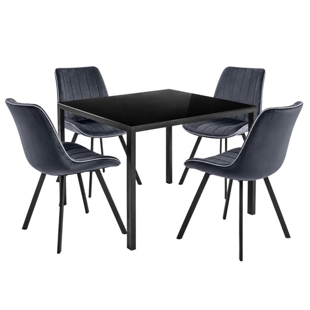 Comedor con Mesa en Vidrio Negro Moderna + 4 Sillas Velvet gris