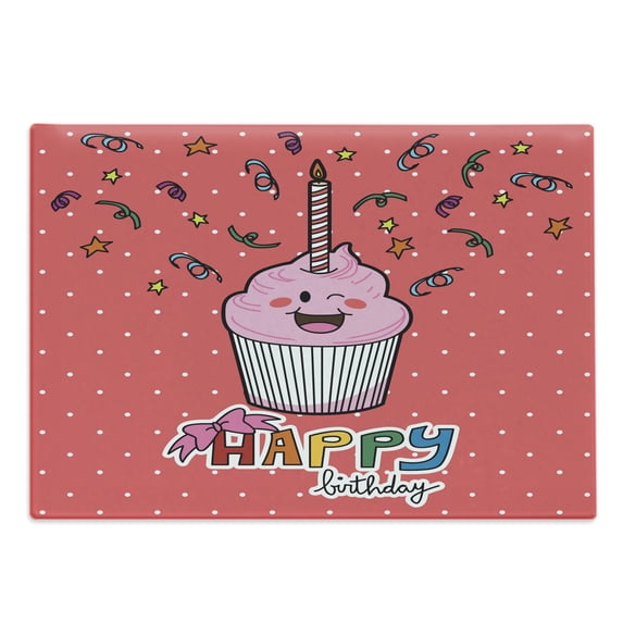 Birthday Cutting Board, Pink Strawberry Flavor Cupcake Candle Face Bow Tie and Dots, Decorative Tempered Glass Cutting and Serving Board, Large Size, Multicolor, by Ambesonne