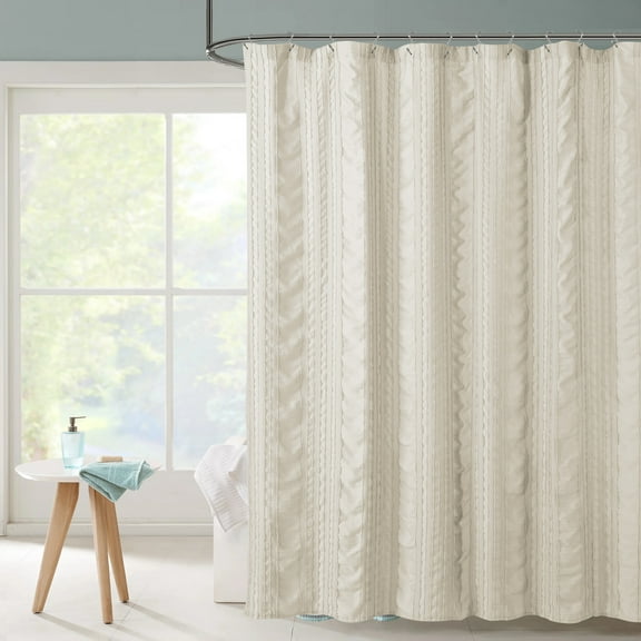Shower Curtain, Seersucker Stripe Tufted Bath Curtain - Modern Textured Waffle Weave Fabric, 72x72 Inch（Beige）