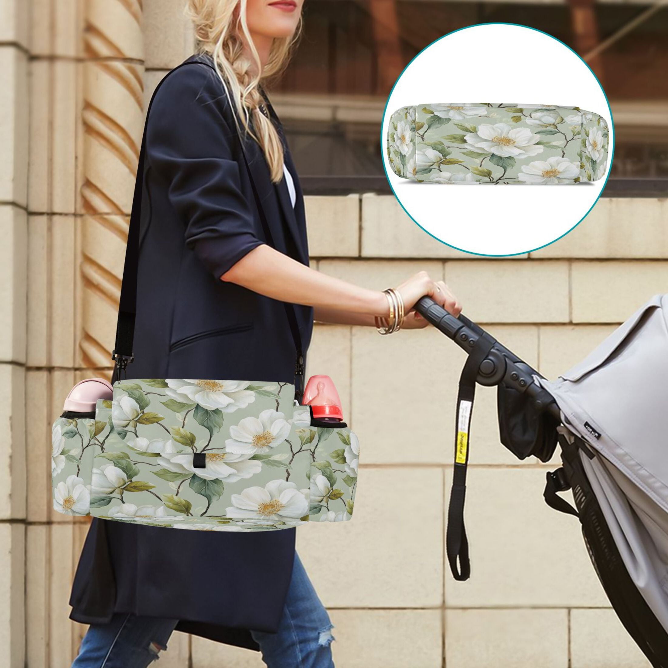 DIXRUYEE Stroller Organizer Elegant White Garden Printed