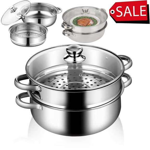 Puseky Multipurpose 11-Inch 2-Tier Stainless Steel Steamer Pot with Lid for Cooking Vegetables, Dumplings, Stocks, Sauces