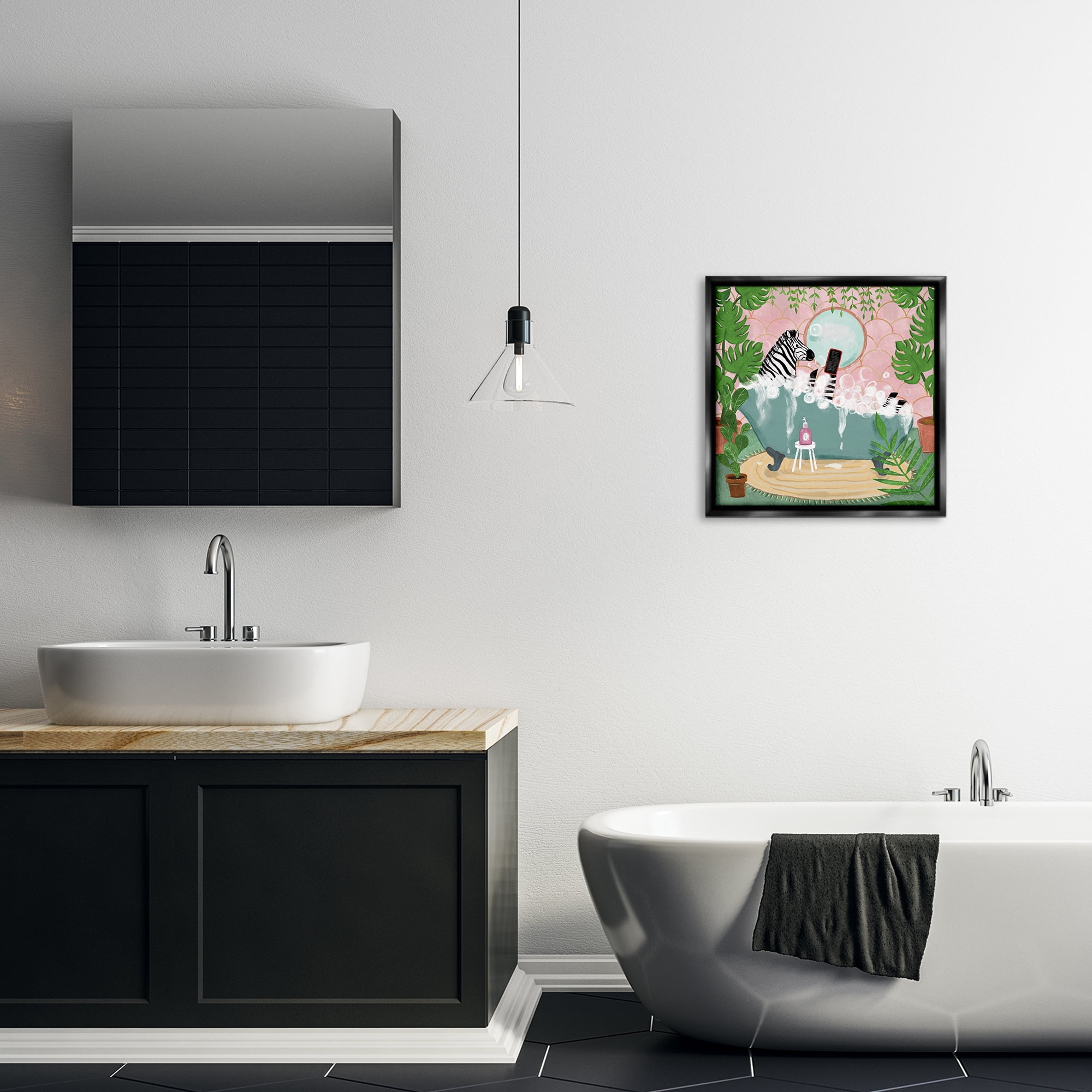 Stupell Industries Zebra Fun Bath Time Typography Painting Black Floater Framed Canvas Art Print Wall Art, 18 x 18
