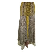 Mogul Womens Sexy Dress Smocked Bodice Brown Printed Silk Sari Maxi Skirts
