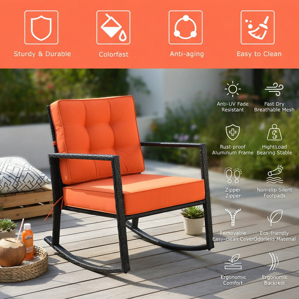 Hommoo Outdoor Rattan Rocking Chair with Thick Cushions, PE Wicker Glider for Patio, Backyard, Deck, Rustic Black Frame, Orange