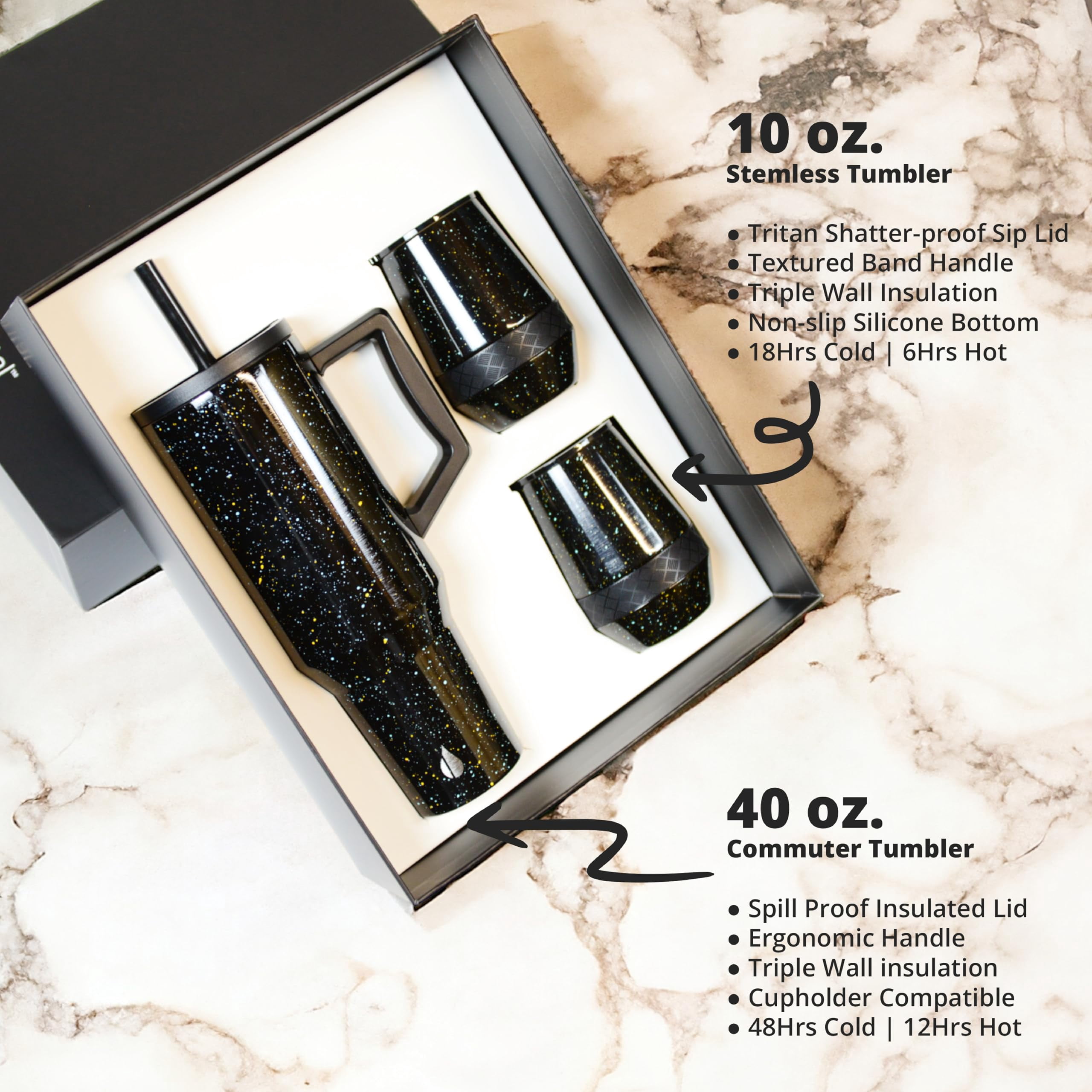 Elemental 40oz Commute 'n Chill Gift Set, Valentines Day Gifts to Her, Gifts for Women, 40 oz Tumbler with Handle and Straw + 10 oz Coffee Tumbler, Stainless Steel Travel Coffee Mug - Black Speckle