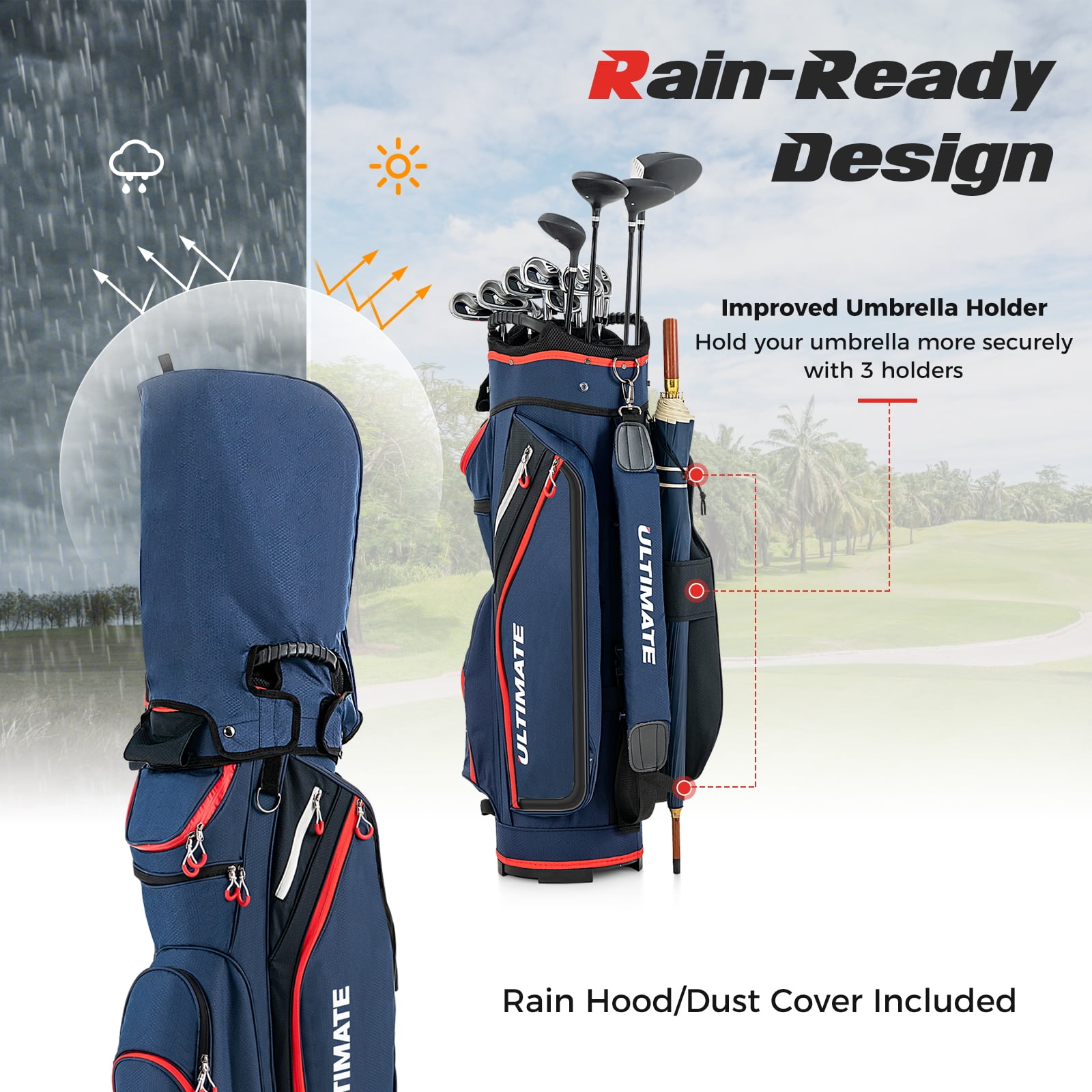 Topbuy Golf Cart Bag Lightweight Portable Golf Club Bag with 14-Way Dividers 8 Zippered Pockets Including Cooler Bag Rain Hood and Shoulder Strap for Men Women Navy