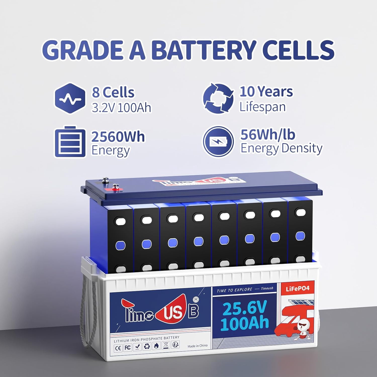 Timeusb 24V 100Ah LiFePO4 Battery, 2.56kWh Lithium Battery, Built-in 100A BMS, 10-Year Lifetime with Grade A LiFePO4 Cells, Perfect for RV, Camper, Home Energy Storage, Van, Off-Grid, etc